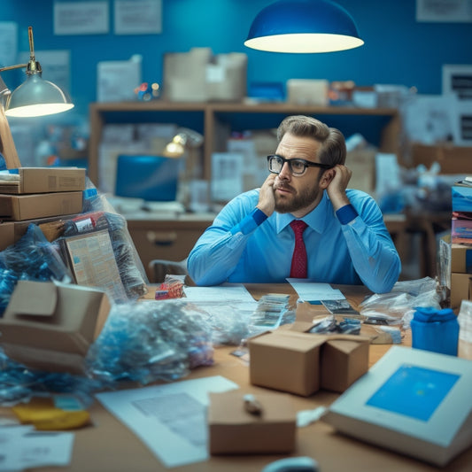 A frazzled merchant surrounded by scattered product samples, torn packaging, and a cluttered desk, with a giant question mark hovering above a computer screen displaying a jumbled global supply chain map.