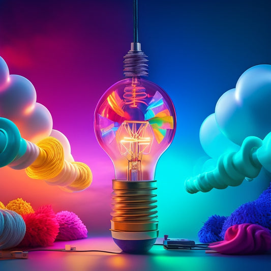A colorful, interconnected gear system with a prominent, glowing light bulb at the center, surrounded by tiny, ascending arrows and subtle, swirling cloud shapes in the background.
