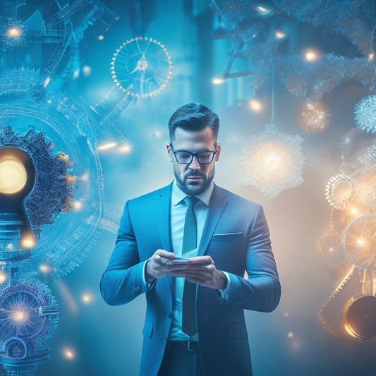 An illustration of a person standing in the center, surrounded by interconnected gears, cogs, and networks, with sparks and lightbulbs emitting from the connections, symbolizing dynamic marketing tools.