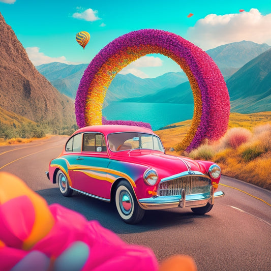 A bright, bold illustration of a vintage-style car speeding along a winding road, with a giant magnet attached to the front grille, pulling in colorful, swirling papers and confetti.