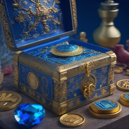 A treasure chest overflowing with gold coins, jewels, and sparkling gemstones, surrounded by coding symbols and gears, set against a dark blue background with subtle circuit board patterns.