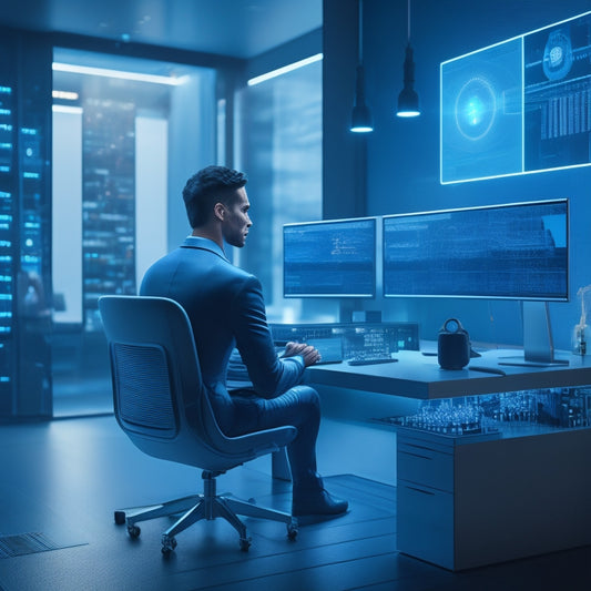 A futuristic, minimalist illustration depicting a merchant sitting at a sleek, silver desk with multiple screens displaying various e-learning software interfaces, surrounded by subtle, glowing blue circuits.