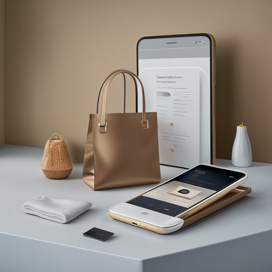 Illustrate a stylized, modern online shopping interface with a minimalist aesthetic, featuring a curved smartphone screen displaying a sleek e-commerce website, surrounded by subtle shopping bag and credit card icons.