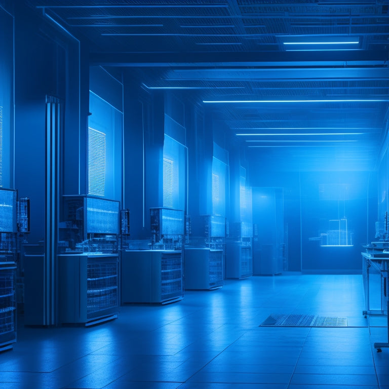 A futuristic, high-tech laboratory with rows of sleek, silver workstations, surrounded by glowing blue wires and pulsing audio waveforms, amidst a dark, misty atmosphere with hints of neon light.