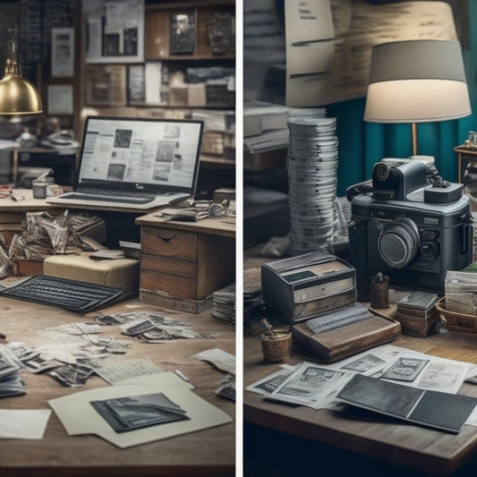 A split-screen image featuring a merchant's cluttered workspace on the left, with scattered papers and coins, and a streamlined, organized workspace on the right, with a laptop and a few neatly arranged stacks of cash.