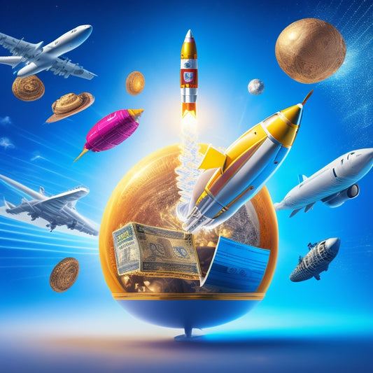 A stylized illustration of a rocket ship bursting out of a shopping bag, surrounded by swirling patterns of currency symbols, laptops, and mobile devices, set against a bright, sunny background.