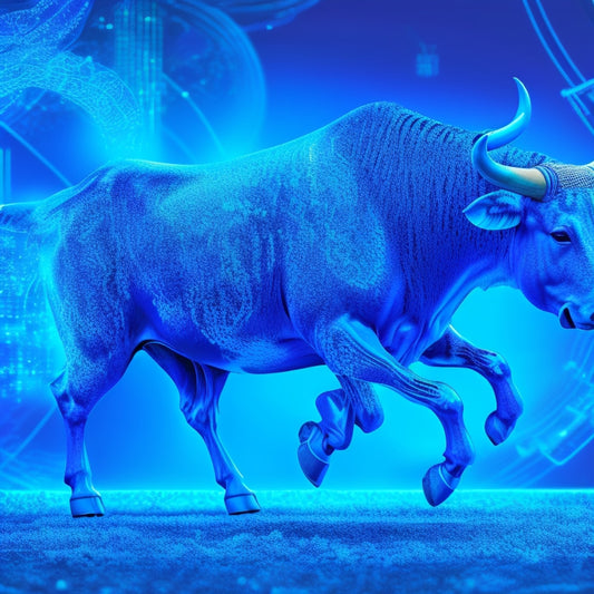A stylized illustration of a charging bull breaking free from shattered chains, surrounded by swirling patterns of circuit boards and encryption codes, set against a bold, gradient blue background.