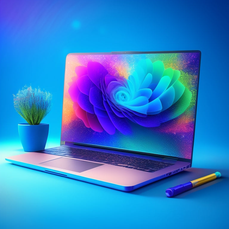 A vibrant, stylized illustration of a laptop bursting with colorful, swirling shapes and lines, symbolizing online business growth and potential, set against a bright blue background with subtle, shimmering stars.