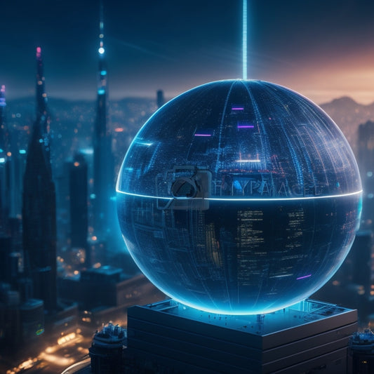A futuristic cityscape with sleek skyscrapers and neon lights, featuring a large, glowing orb with circuit board patterns, surrounded by tiny robots and wires, against a dark blue background.