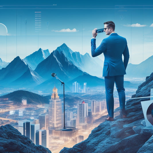 A stylized illustration of a triumphant figure standing on a mountain peak, surrounded by rising graphs, magnifying glasses, and laptops, with a subtle cityscape in the background.