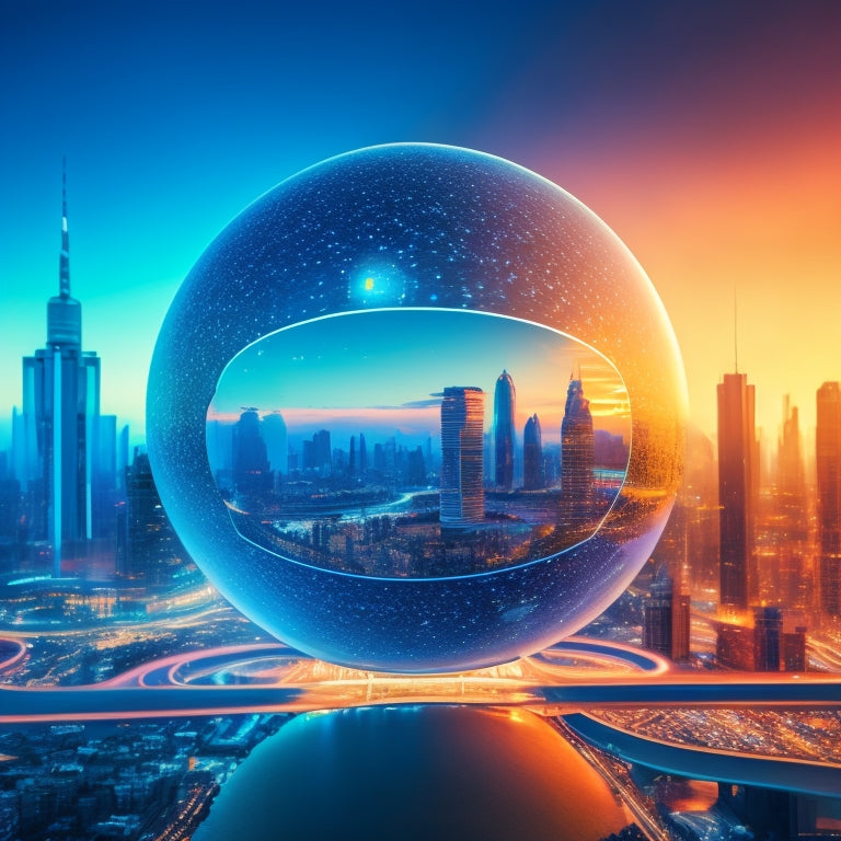 A stylized, futuristic illustration of a glowing blue orb surrounded by interconnected circles, seamlessly blending into a cityscape at sunset, with sleek, modern skyscrapers and subtle, shimmering payment icons.