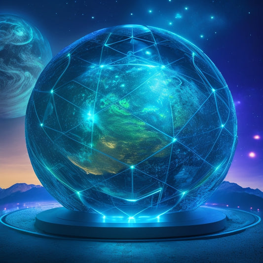 A futuristic, globe-shaped structure with glowing blue circuits and neon green accents, surrounded by orbiting cryptocurrency symbols and bursts of light, set against a dark, starry night sky.
