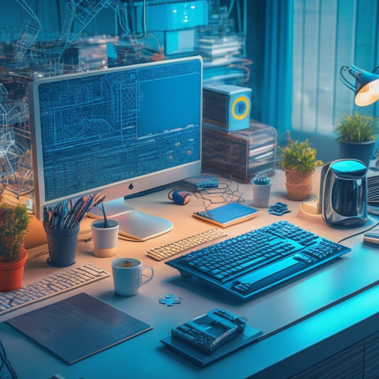 A futuristic, high-tech illustration depicting a calm, organized workspace with a desktop computer, surrounded by scattered puzzle pieces, gears, and wires, transformed into a harmonious, interconnected system.