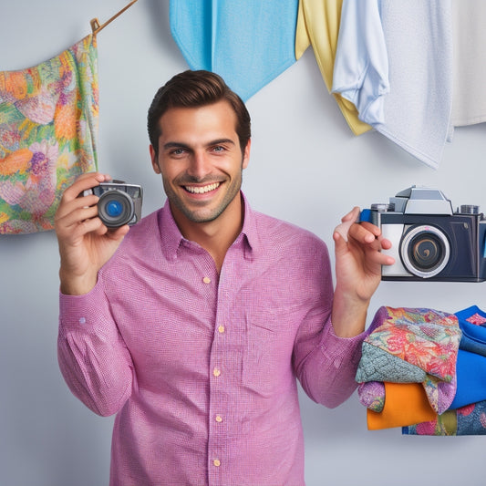 A person standing in front of a blank white background, surrounded by shirts of various colors and patterns, holding a camera and smiling confidently, with a few shirts draped over their arm.