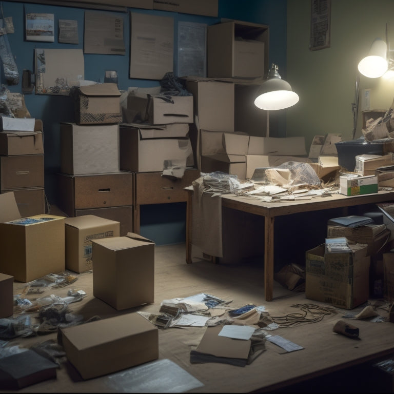 A dimly lit, cluttered room with a single, worn-out desk chair in the center, surrounded by piles of cardboard boxes, tangled cords, and discarded packaging materials.