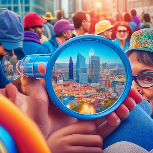 An illustration of a magnifying glass zooming in on a diverse group of people, with each individual surrounded by a unique, colorful aura, set against a blurred cityscape background with subtle digital patterns.