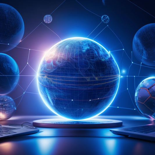 A stylized globe with glowing blue lines and nodes, surrounded by orbiting laptops, tablets, and smartphones, with lightbulbs and gears emerging from the devices, symbolizing innovation and connectivity.