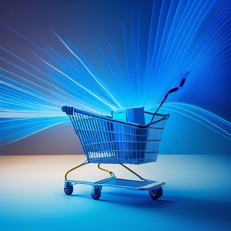A stylized, abstract representation of a bold, swooping arrow, piercing through a shopping cart, surrounded by faint, wispy lines resembling a network or web, set against a bright, electric blue background.