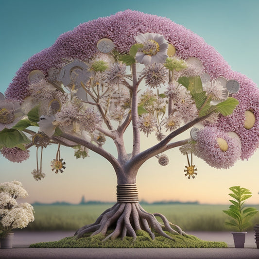 An illustration of a small, delicate flower growing into a blooming tree, with roots forming a maze of gears and cogs, surrounded by rising charts and graphs in the background.