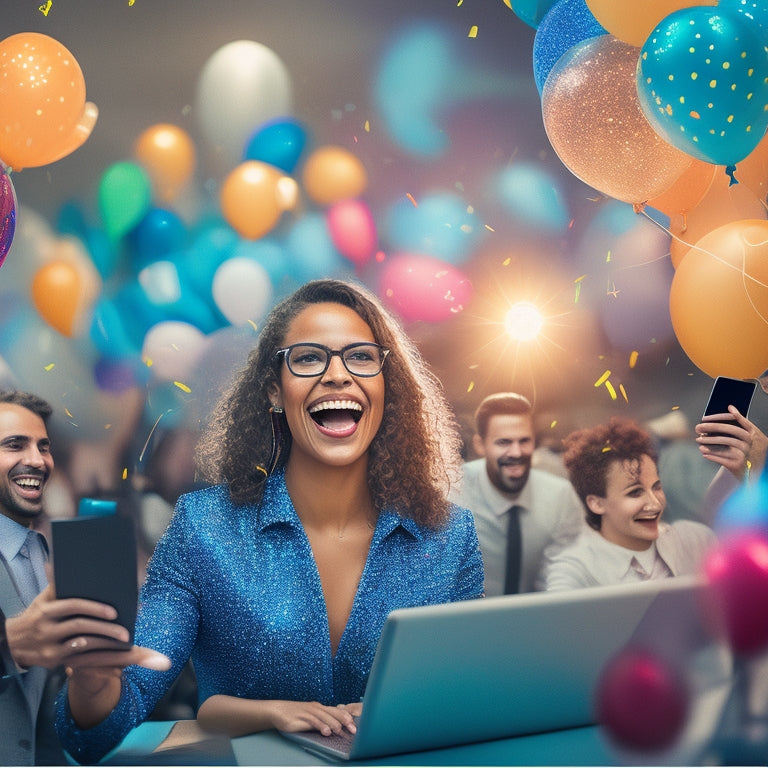 A stylized illustration of a smiling customer service representative surrounded by glowing laptops, tablets, and smartphones, with subtle confetti and balloons in the background, conveying a sense of celebration and satisfaction.