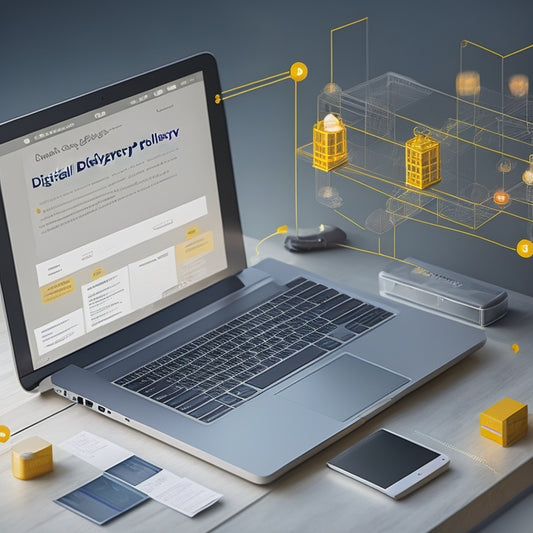 An illustration of a digital product delivery process, featuring a stylized ecommerce website on a laptop screen, with a series of connected nodes and lines representing efficient data flow.