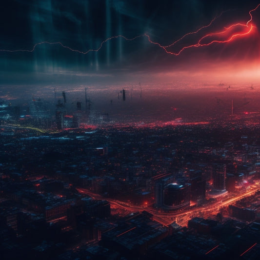 A darkened cityscape at dusk with a faint grid of circuits and wires overlaid, surrounded by shattered screens and credit cards with red "X" marks, amidst a storm of swirling, ominous digital code.