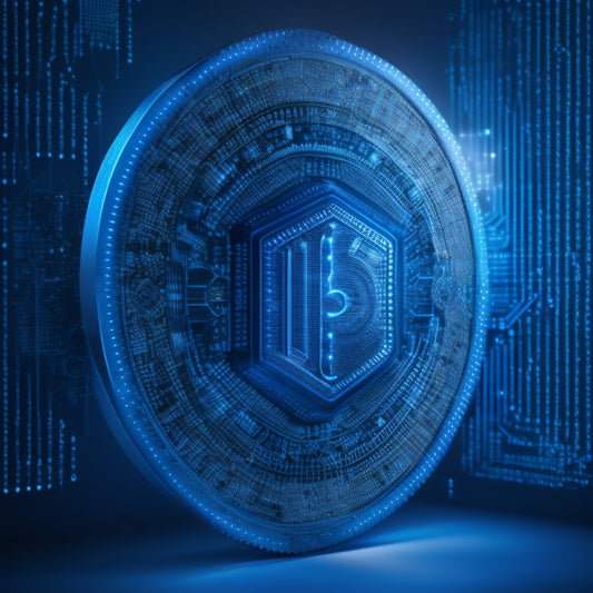 A shield with three interconnected gears, surrounded by binary code and digital product icons (e.g., ebooks, software), set against a dark blue background with subtle circuit board patterns.
