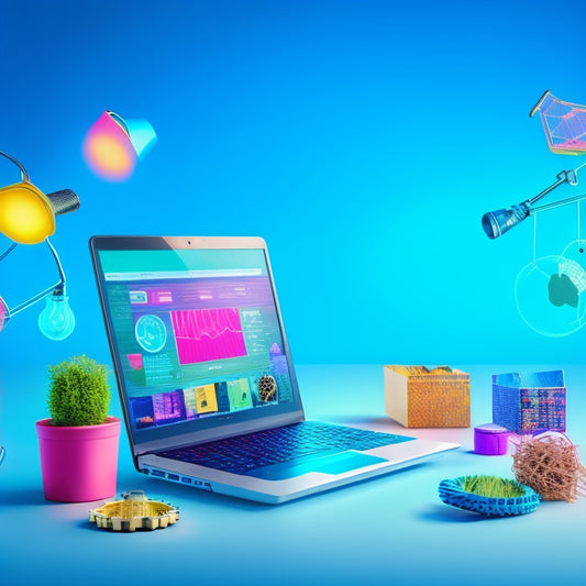 A stylized illustration of a laptop with a shopping cart on the screen, surrounded by gears, charts, and lightbulbs, set against a subtle ecommerce-inspired background with a blend of pastel colors.