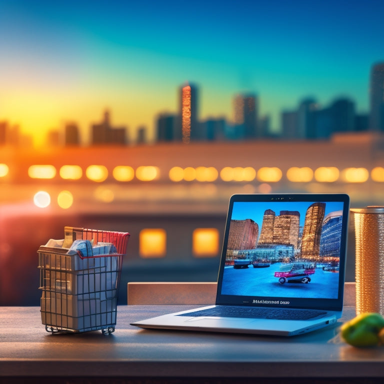 An illustration of a laptop screen displaying an interactive e-learning module, surrounded by scattered product boxes and a mini shopping cart, set against a blurred cityscape background with subtle commerce icons.