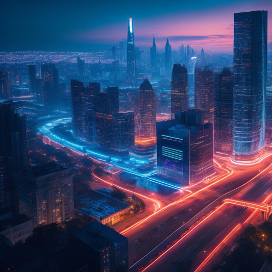A futuristic, neon-lit cityscape at dusk with sleek skyscrapers, winding roads, and a giant, glowing coding symbol () as the central landmark, surrounded by orbiting laptops and coding windows.