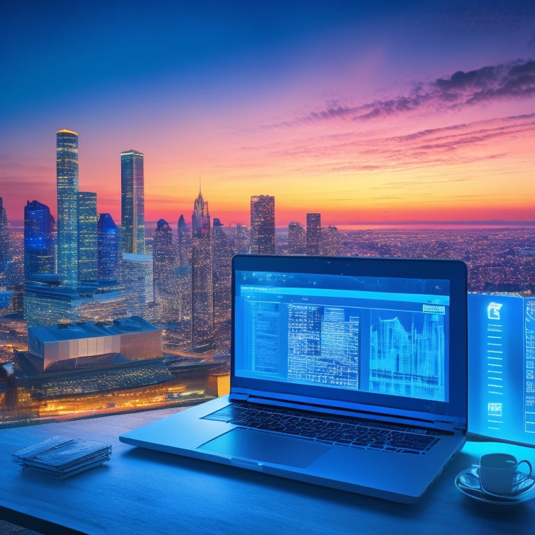 An illustration of a laptop screen displaying a growing e-commerce graph, surrounded by digital product icons, such as ebooks and webinars, with a subtle cityscape background at dusk.