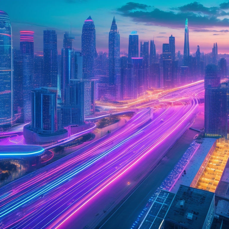 A futuristic cityscape at dusk with sleek skyscrapers, neon lights, and holographic advertisements floating above, surrounded by orbiting digital shopping carts and swirling lines of code.