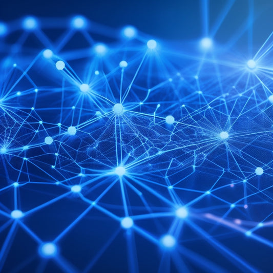 A stylized illustration of interconnected nodes and lines forming a network, with glowing blue and white orbs representing data, surrounded by subtle circuit board patterns and minimalistic shapes.