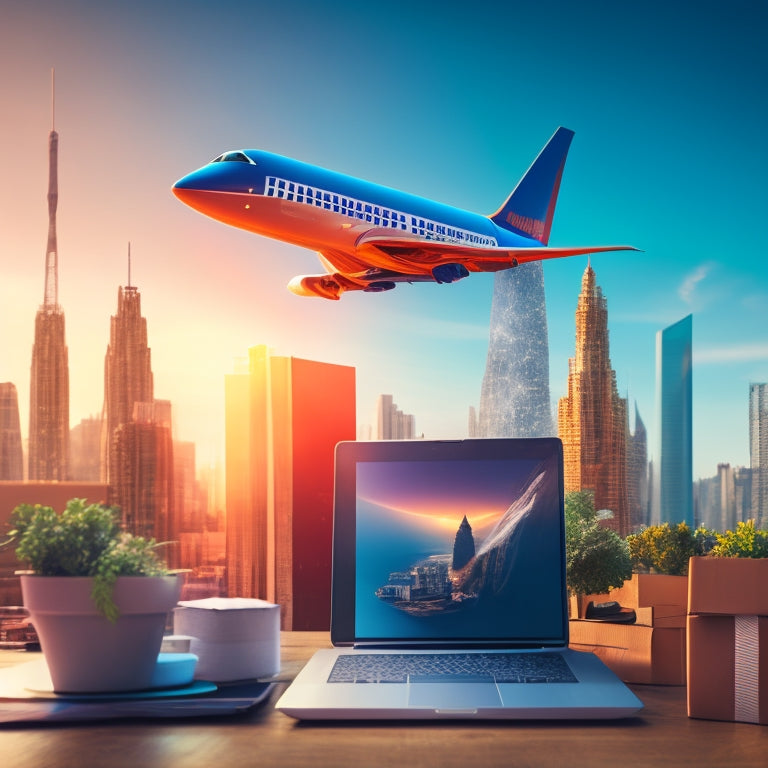 A stylized illustration of a rocket ship blasting off from a laptop, surrounded by Amazon boxes and packages, with a subtle cityscape in the background, conveying growth and e-commerce success.