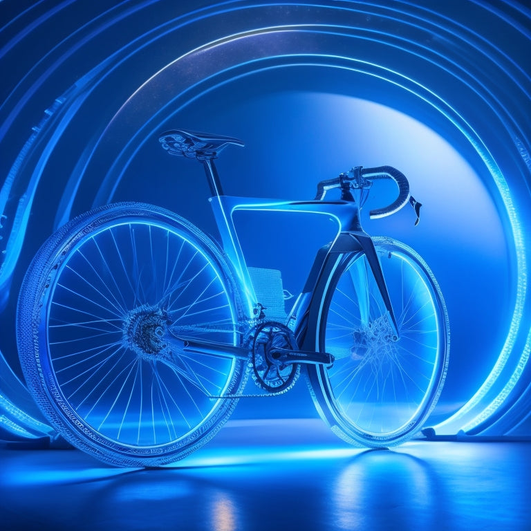 A futuristic, high-tech background with sleek, silver lines and neon blue accents, featuring a large, transparent screen displaying a 3D bicycle with glowing, swirling patterns and orbiting gears.