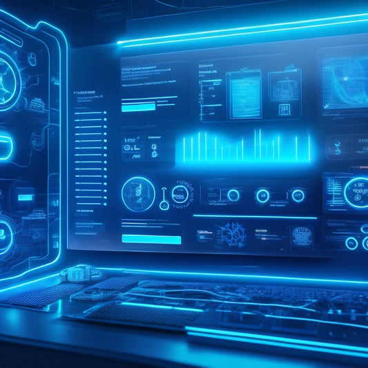 An illustration of a futuristic e-commerce dashboard with glowing blue circuits, robots, and gears in the background, surrounded by flowcharts and diagrams with neon-lit arrows and nodes.