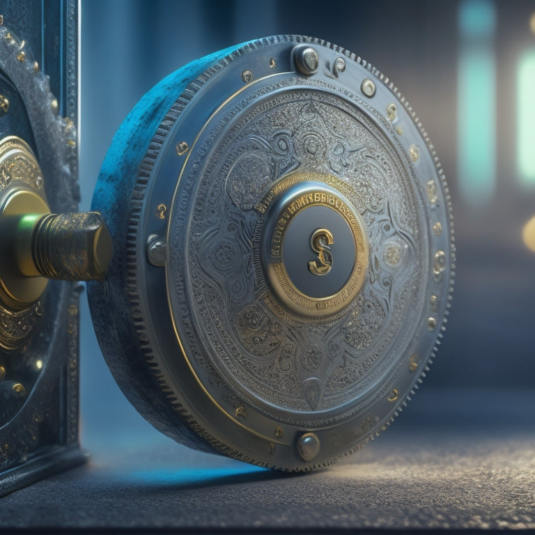 A padlock surrounded by a circle of interconnected gears, with a faint ecommerce website background, and a subtle shield emblem in the top-right corner, exuding security and protection.