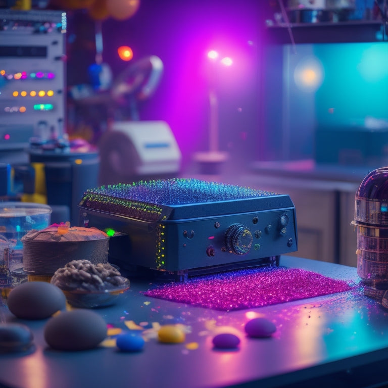 A futuristic workshop scene with a sleek Tecre machine in the center, surrounded by vibrant buttons in various shapes, sizes, and colors, with confetti and sparks flying around.