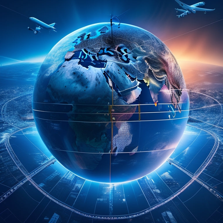 A stylized globe with glowing blue lines connecting major cities, surrounded by floating shopping bags, planes, and ships, conveying global connectivity and commerce.