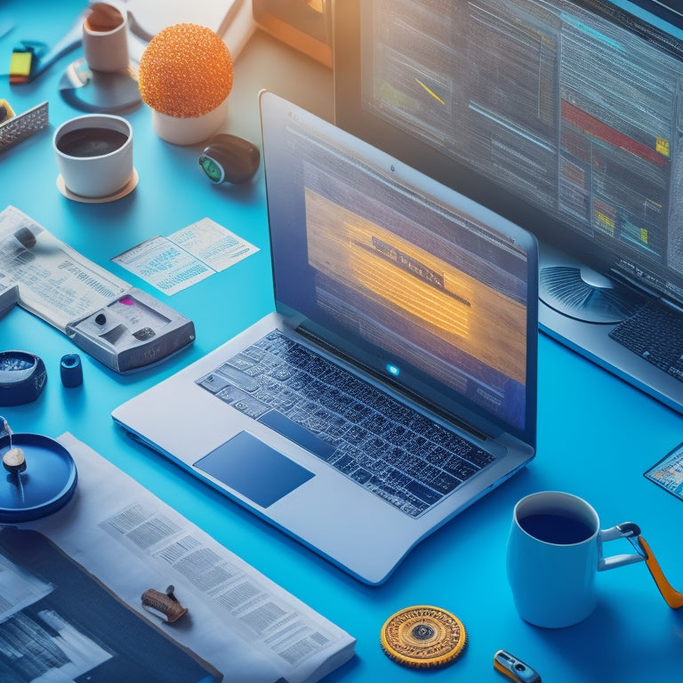 An illustration of a computer screen displaying an online store's backend, with coding lines and error messages scattered throughout, surrounded by scattered tools and gadgets, with a magnifying glass hovering above.