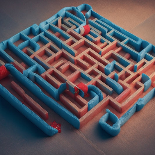 A minimalist illustration featuring a maze with a red thread weaving through it, leading to a bright, simplified payment gateway, surrounded by broken chains and scattered puzzle pieces.