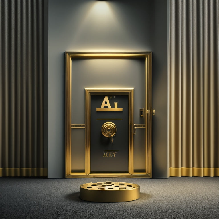 A minimalist illustration of a golden key unlocking a sleek, modern door adorned with the A24 logo, surrounded by film reels, cameras, and popcorn, set against a dark, velvety background.