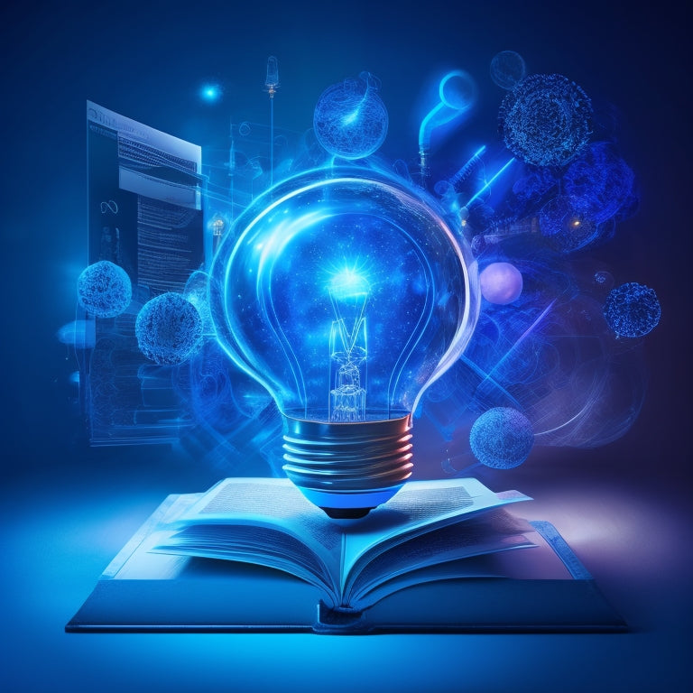 An abstract illustration of a lightbulb exploding into various digital products, such as 3D models, e-books, and software, amidst swirling circles of code and circuitry, set against a dark blue gradient background.