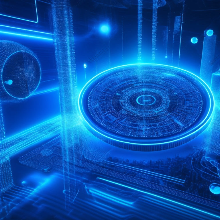 A futuristic e-commerce background with glowing blue circuits, a 3D Shopify logo, and various digital download icons (e.g., ebooks, music files, and software) orbiting around it in a dynamic, swirling motion.