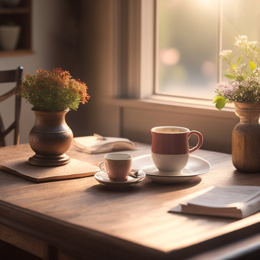A warm, golden-lit scene with a wooden desk, a handwritten card on it, and a steaming cup of coffee beside a small potted plant, surrounded by soft, blurred flowers.
