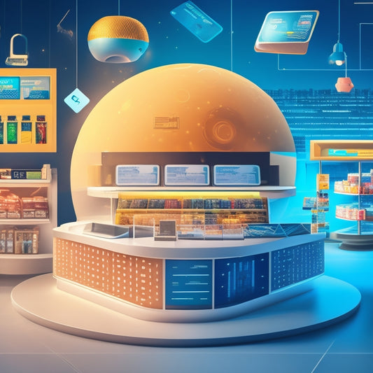 An illustration of a storefront with a cashier's desk in the center, surrounded by various payment method icons (credit cards, PayPal, Apple Pay) orbiting around it, with a subtle background of binary code.