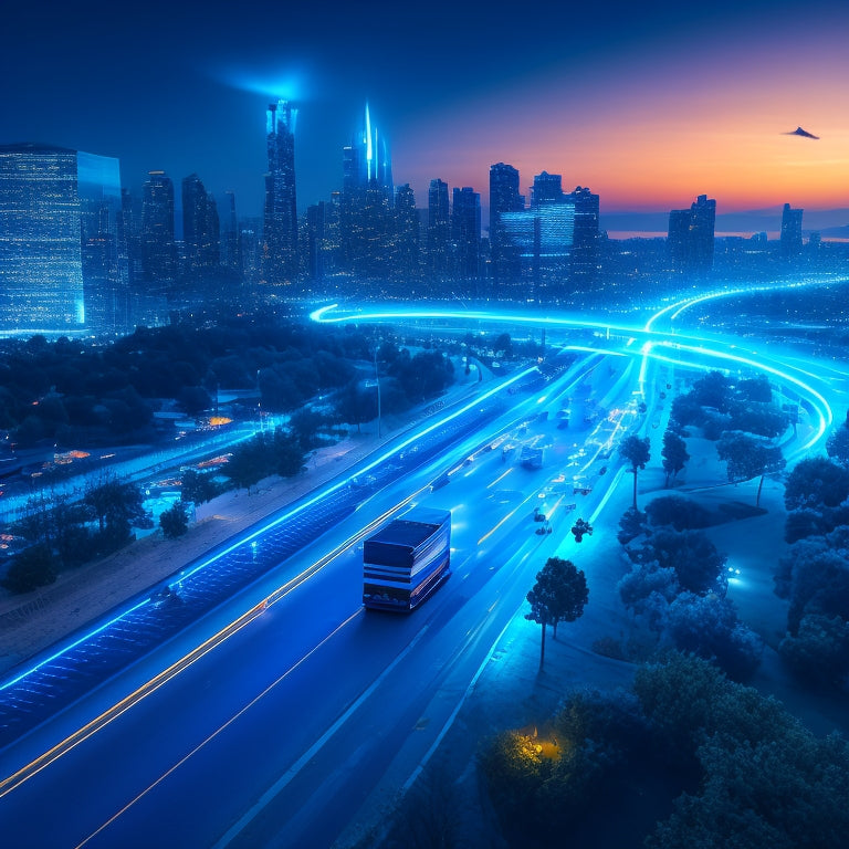 A futuristic cityscape at dusk with sleek, electric vans and drones flying in harmony, delivering parcels to urban residents, amidst a network of glowing blue lines and nodes.