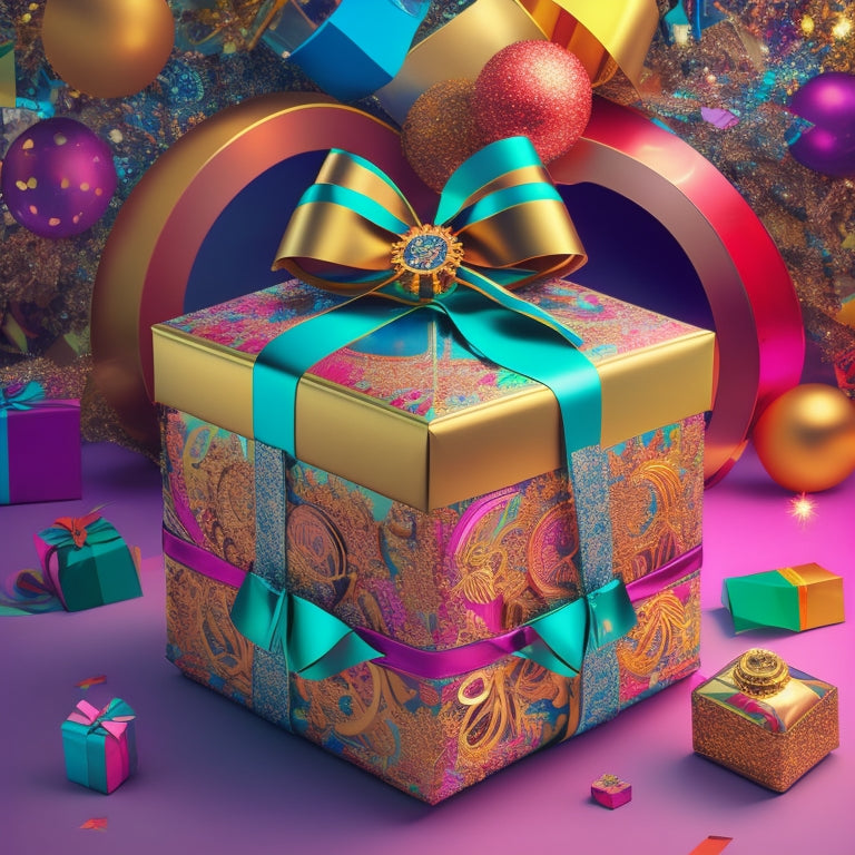 A stylized illustration of a gift box with a clockwork mechanism inside, surrounded by swirling ribbons and confetti, set against a bold, bright background with subtle ecommerce-inspired patterns.