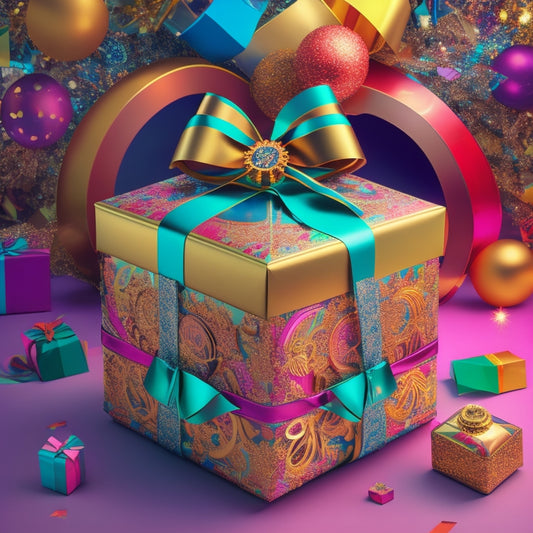 A stylized illustration of a gift box with a clockwork mechanism inside, surrounded by swirling ribbons and confetti, set against a bold, bright background with subtle ecommerce-inspired patterns.