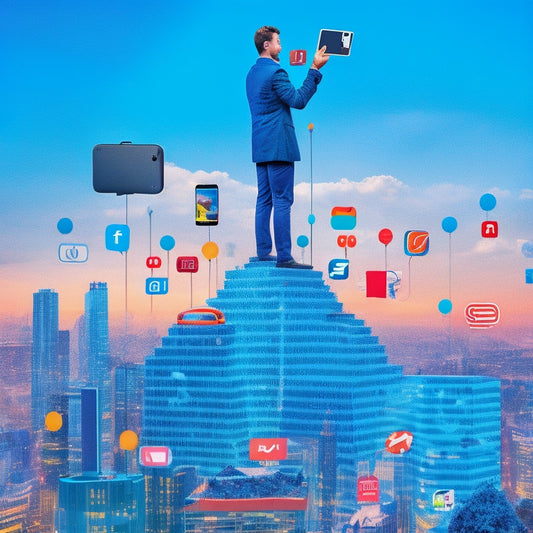 An illustration of a person standing on a mountain of smartphones, surrounded by swirling social media icons, with a cityscape of online shopping sites in the background, symbolizing digital dominance.